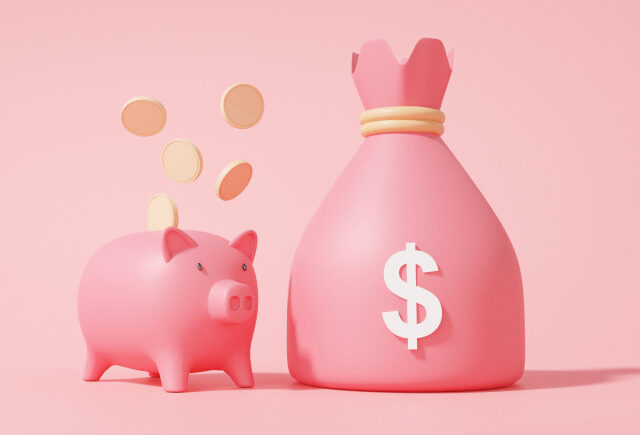 ピンクの豚の貯金箱とコインと入れる袋