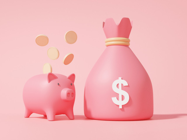 ピンクの豚の貯金箱とコインと入れる袋